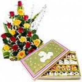 20 Mix Roses Basket With Half Kg Assorted Sweets